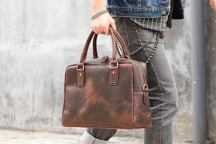 Cool Dark Brown Mens Leather Briefcase 14'' Work Handbag Ancient Brown Large Computer Briefcase For Men