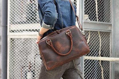 Cool Dark Brown Mens Leather Briefcase 14'' Work Handbag Ancient Brown Large Computer Briefcase For Men