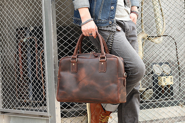 Cool Dark Brown Mens Leather Briefcase 14'' Work Handbag Ancient Brown Large Computer Briefcase For Men