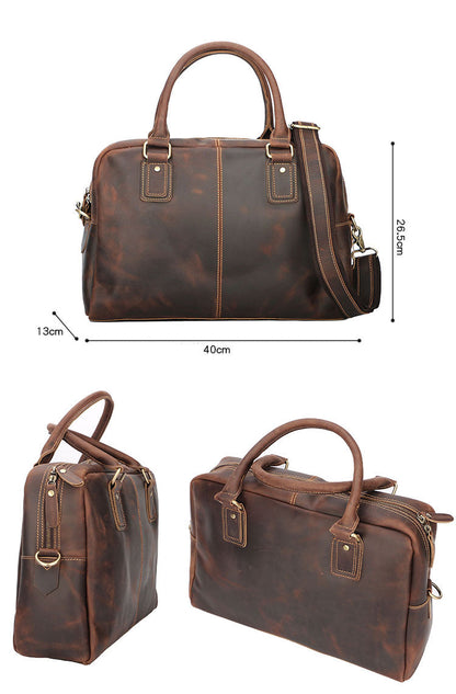 Cool Dark Brown Mens Leather Briefcase 14'' Work Handbag Ancient Brown Large Computer Briefcase For Men