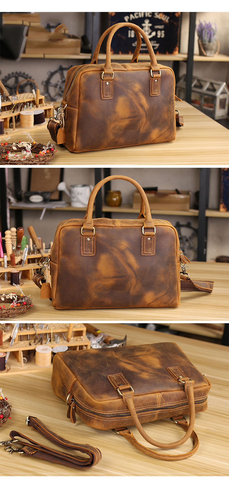 Cool Dark Brown Mens Leather Briefcase 14'' Work Handbag Ancient Brown Large Computer Briefcase For Men