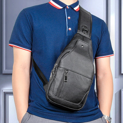 Cool Leather Mens 10' Black Sling Bag Chest Bag One Shoulder Backpack for Men