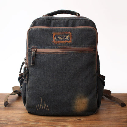 Vintage Denim Blue Mens Backpack School Backpack Blue Denim Laptop Backpack For Men