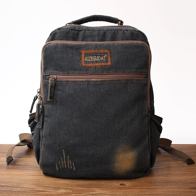 Vintage Denim Blue Mens Backpacks School Backpack Blue Denim Laptop Backpack For Men