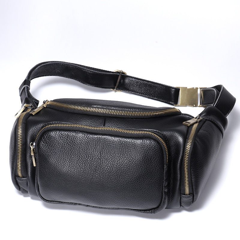 Black Large Capacity Leather Mens Fanny Packs Barrel Bum Bags Cool Waist Bag for Men