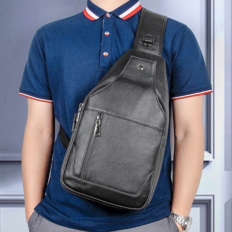 Cool Leather Mens 10' Black Sling Bag Chest Bag One Shoulder Backpack for Men