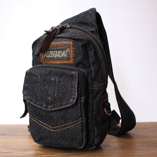 Vintage Black Denim Mens Sling Bag Chest Bag Denim Cool Sling Bag For Men