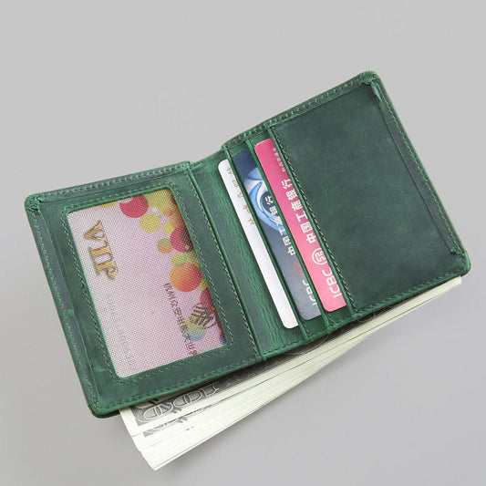 Vintage Green Leather Men's Bifold Slim Wallet Front Pocket Wallet Billfold Wallet For Men