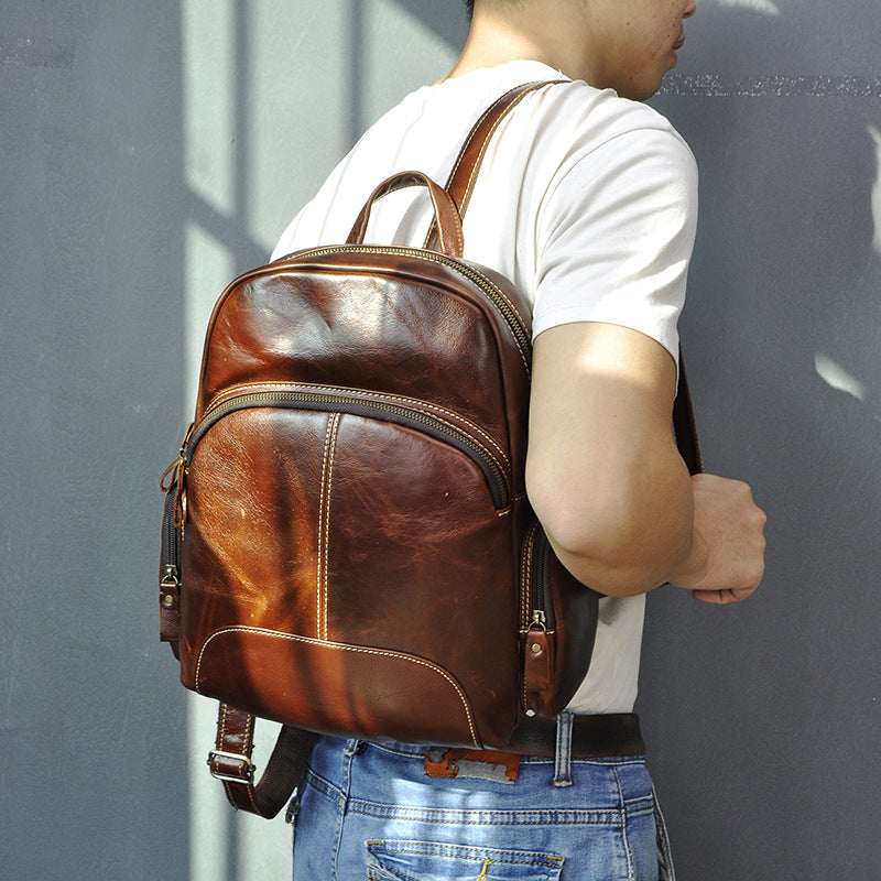 BROWN LEATHER MEN'S College Backpack Travel Backpack Leather Backpack For Men