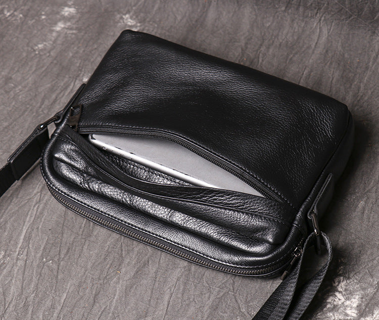 Black Courier Bag Leather Mens Small Side Bags Black Leather Messenger Bag for Men