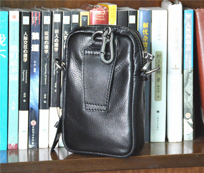 Black LEATHER MEN'S Small Belt Pouch Mini Side bag Vertical Phone Bag MESSENGER BAG Waist Bag FOR MEN