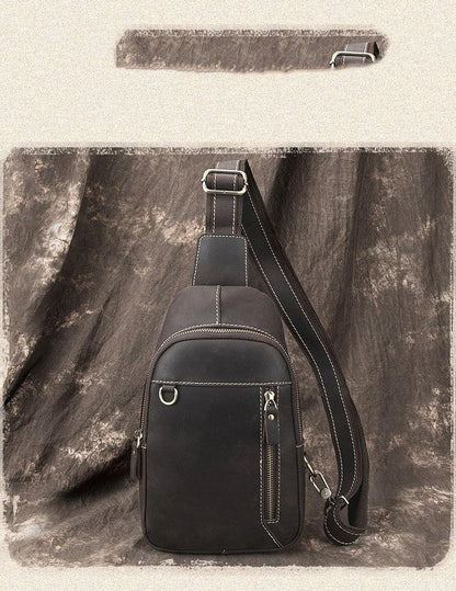 Simple Black Leather Sling Backpack Mens Sling Bag Vintage Sling Pack For Men