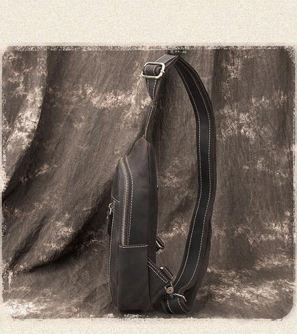 Simple Black Leather Sling Backpack Mens Sling Bag Vintage Sling Pack For Men