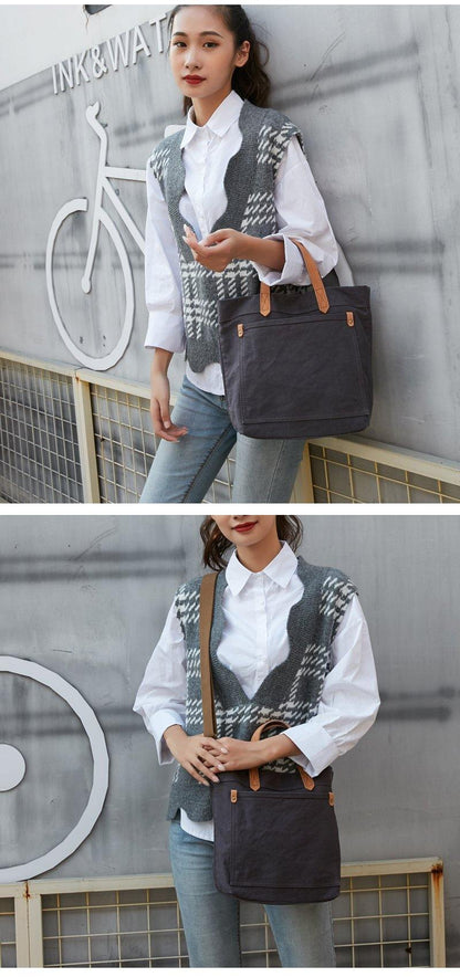 Simple Leather Canvas Womens Mens Small Tote Shoulder Bag Messenger Bag Canvas Handbag For Men Women