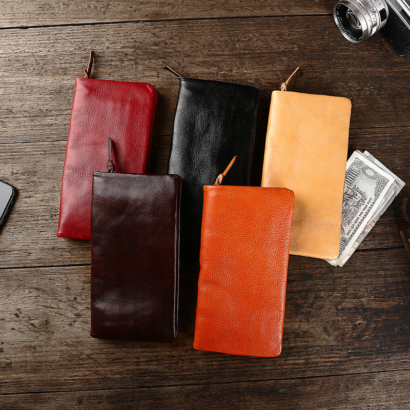 Cool Leather Mens Black Slim Long Wallet Zipper Bifold Card Wallet Clutch Wallet For Men