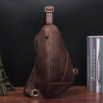 Vintage Brown Leather Men's Sling Bag Streamline Chest Bag One shoulder Backpack For Men