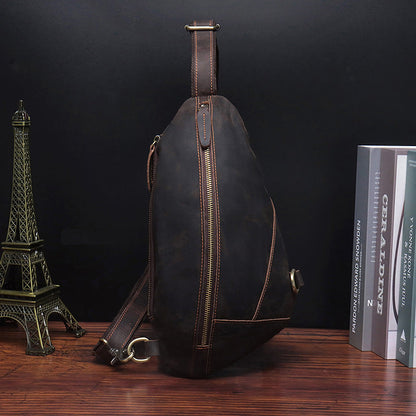 Vintage Brown Leather Men's Sling Bag Streamline Chest Bag One shoulder Backpack For Men