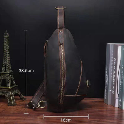 Vintage Brown Leather Men's Sling Bag Streamline Chest Bag One shoulder Backpack For Men