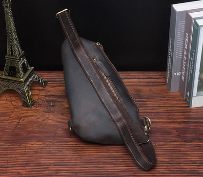 Vintage Brown Leather Men's Sling Bag Streamline Chest Bag One shoulder Backpack For Men