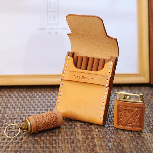 Cool Wooden Beige Leather Mens 7pcs Cigarette Case Custom Cigarette Holder for Men