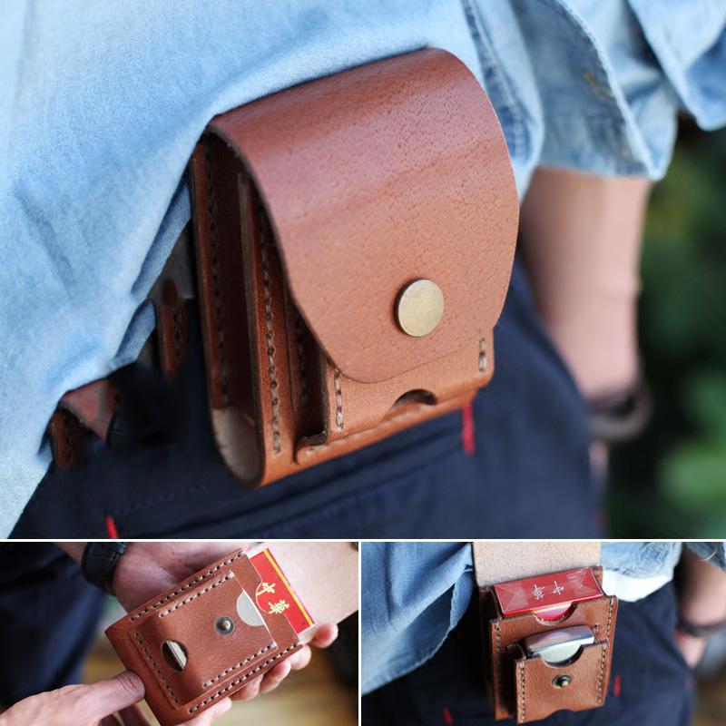 Cool Brown Leather Mens Cigarette Case Cigarette Holder Belt Pouch with Belt Loop for Men