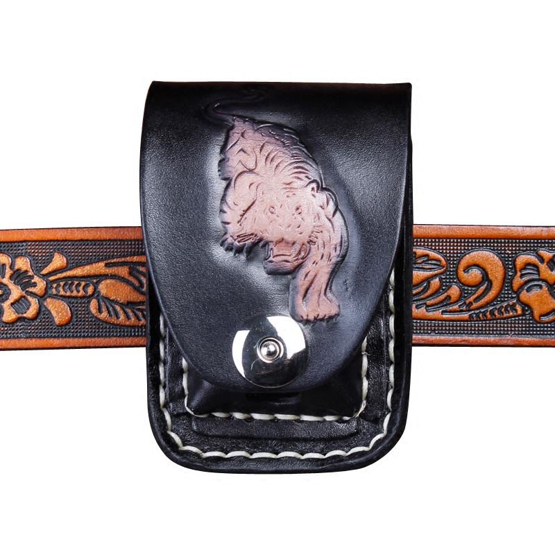 Cool Leather Mens Engraved Tiger Cigarette Holder Case lighter Holder for Men