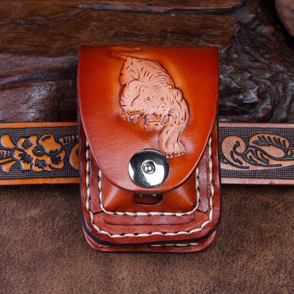 Cool Leather Mens Engraved Tiger Cigarette Holder Case lighter Holder for Men