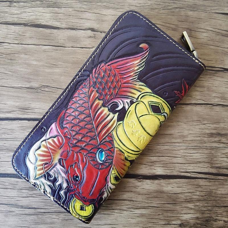 Handmade Leather Carp Tooled Mens Long Wallet Cool Leather Wallet Clutch Wallet for Men