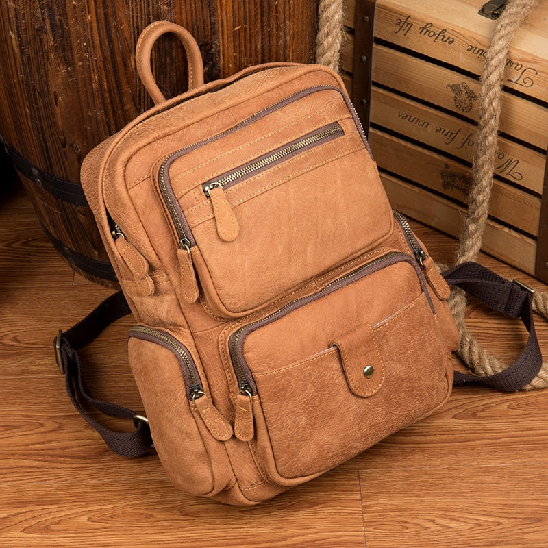 Cool Khaki Mens Leather 13inches Computer Backpack Camel Travel Backpack School Backpack for men