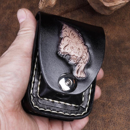 Cool Leather Mens Engraved Tiger Cigarette Holder Case lighter Holder for Men