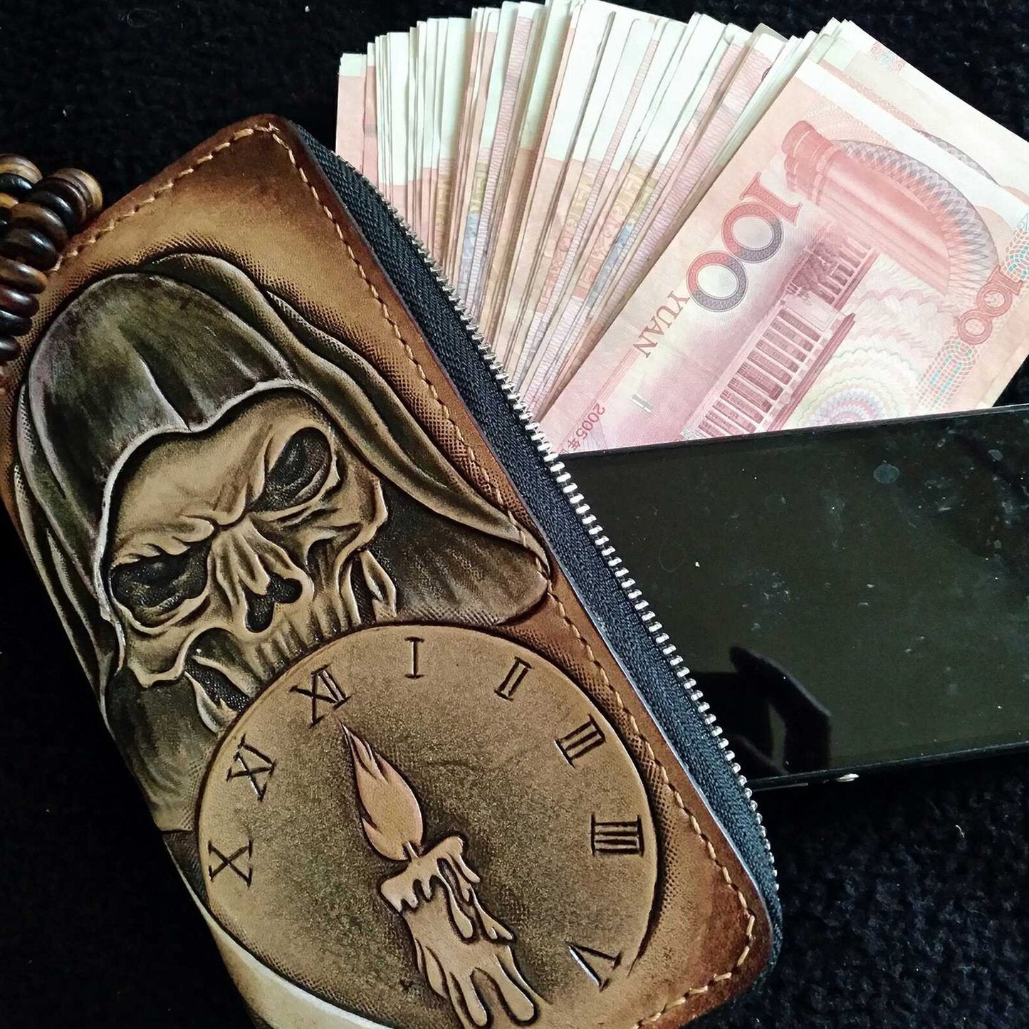 Handmade Leather Skull Death Tooled Mens Long Wallet Cool Leather Wallet Clutch Wallet for Men