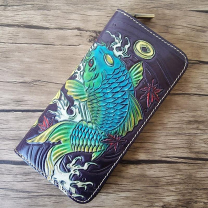 Handmade Leather Carp Tooled Mens Long Wallet Cool Leather Wallet Clutch Wallet for Men