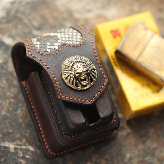 Vintage Leather Mens Skull Cool Cigarette Holder Case with lighter Holder for Men