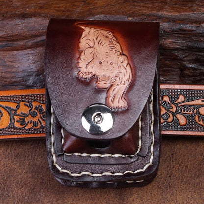 Cool Leather Mens Engraved Tiger Cigarette Holder Case lighter Holder for Men