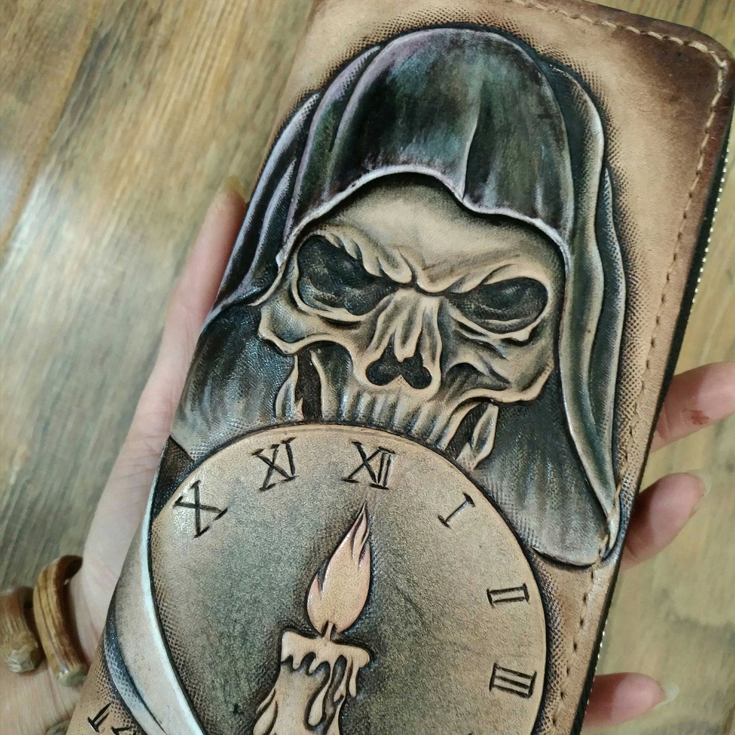 Handmade Leather Skull Death Tooled Mens Long Wallet Cool Leather Wallet Clutch Wallet for Men