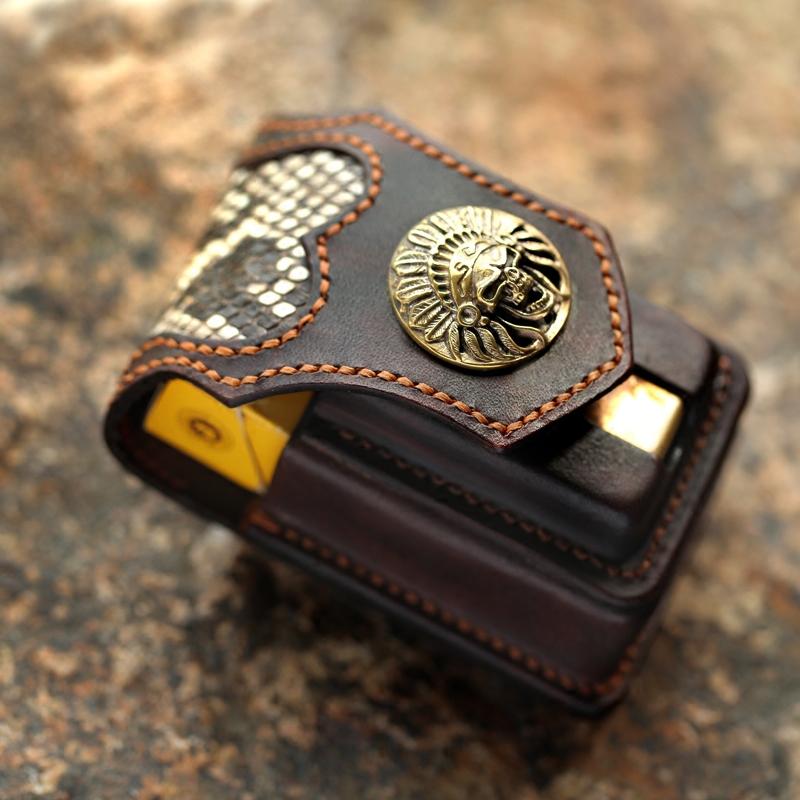 Vintage Leather Mens Skull Cool Cigarette Holder Case with lighter Holder for Men