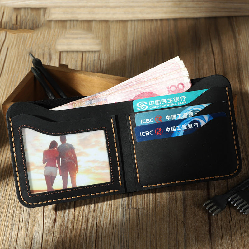 Handmade Slim Black Leather Mens Billfold Wallets Personalize Bifold Small Wallets for Men