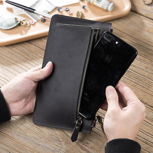 Handmade Leather Mens Clutch Wallet Cool Leather Wallet Zipper Phone Wallets for Men