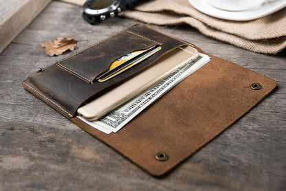 Handmade Leather Mens Clutch Wallet Cool Slim Leather Wallet Long Phone Wallets for Men