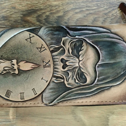 Handmade Leather Skull Death Tooled Mens Long Wallet Cool Leather Wallet Clutch Wallet for Men