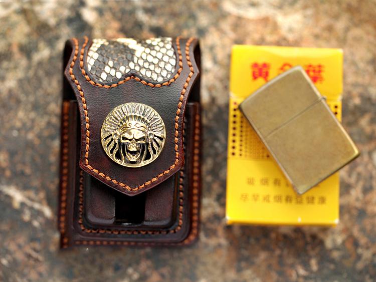 Vintage Leather Mens Skull Cool Cigarette Holder Case with lighter Holder for Men