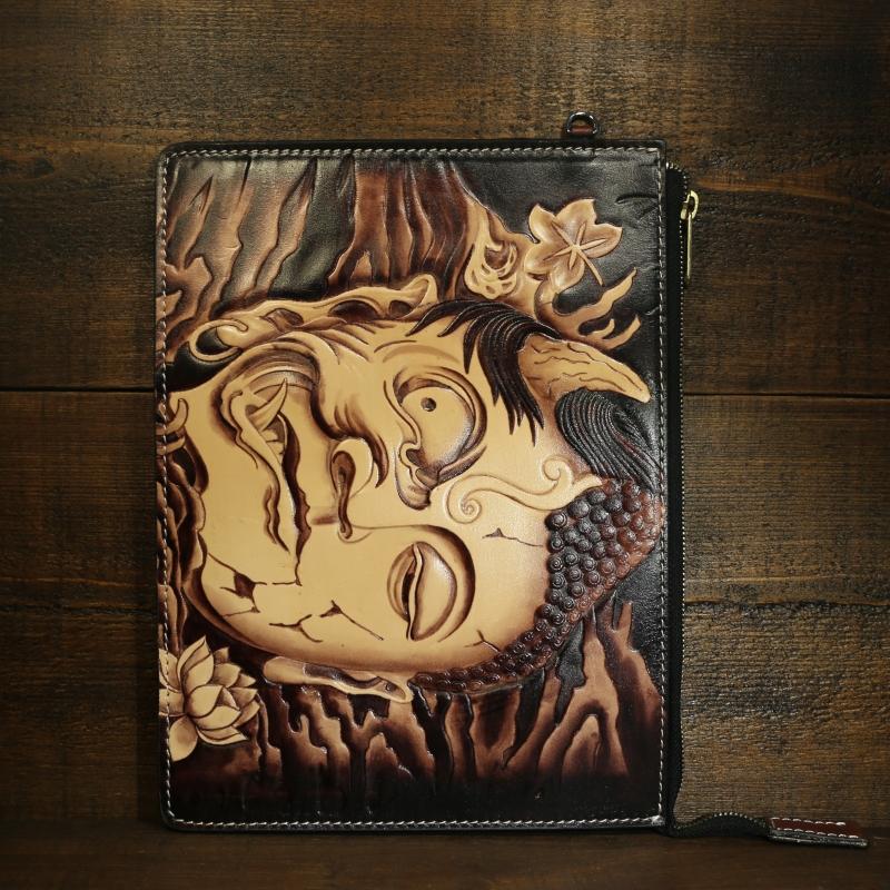 Handmade Leather Tooled Mens Cool Long Leather iPad Bag Wristlet Clutch Wallet for Men