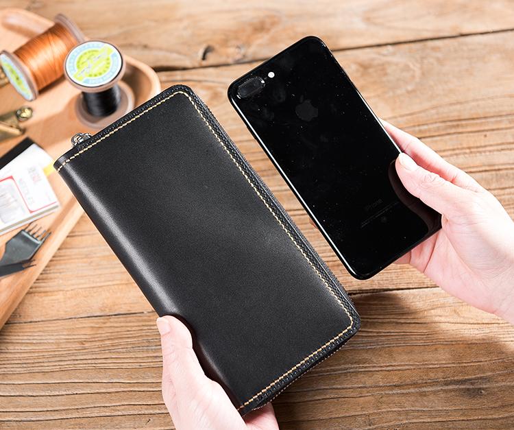 Handmade Leather Mens Clutch Wallet Cool Leather Wallet Long Zipper Phone Wallets for Men