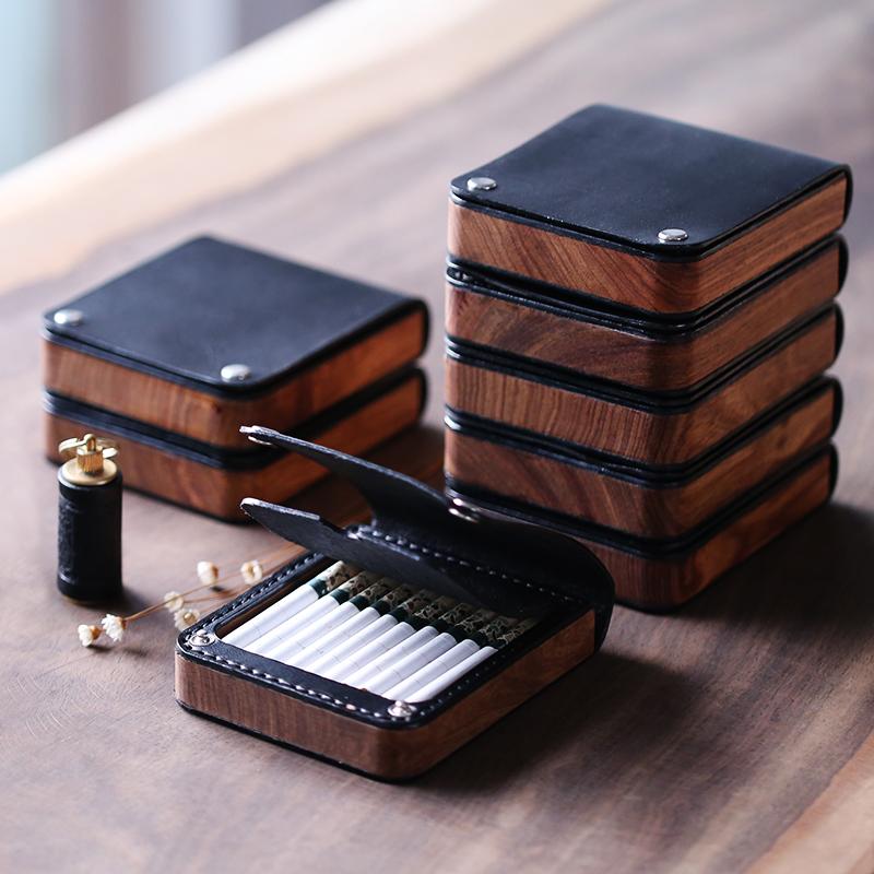 Handmade Wooden Black Leather Mens 20pcs Cigarette Case Cool Custom Cigarette Holder for Men