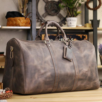 Vintage Brown Leather Mens Casual Large Travel Bags Shoulder Weekender Bags Duffle Bag For Men