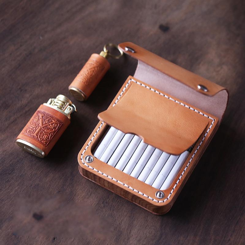 Handmade Wooden Coffee Leather Mens 20pcs Cigarette Case Cool Custom Cigarette Holder for Men