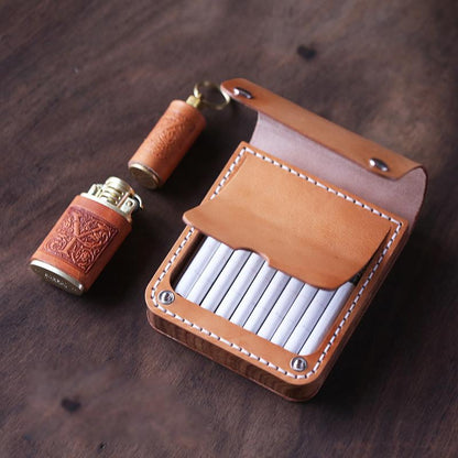 Handmade Wooden Beige Leather Mens 20pcs Cigarette Case Cool Custom Cigarette Holder for Men