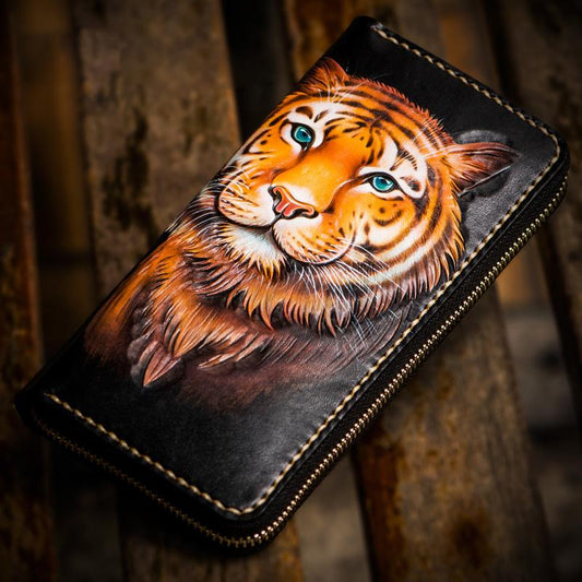 Handmade Leather Men Tooled Tiger Cool Leather Wallet Long Phone Clutch Wallets for Men