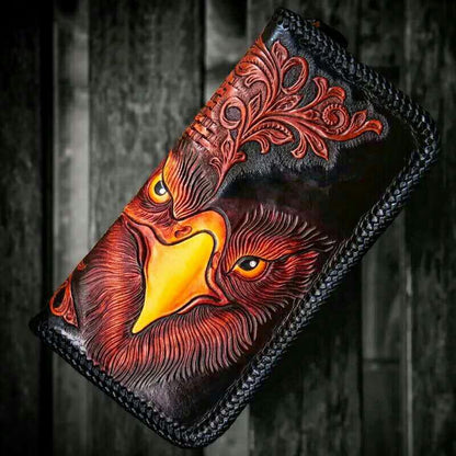 Handmade Leather Men Tooled Eagle Cool Leather Wallet Long Phone Clutch Wallets for Men