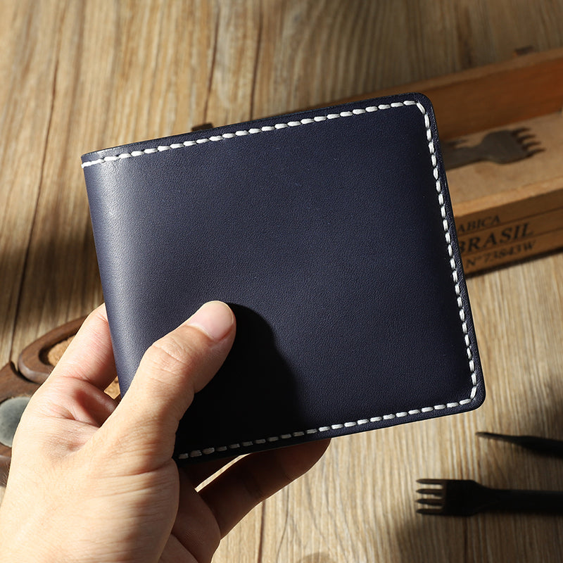 Handmade Blue Leather Billfold Wallets Personalized Mens Contrast Color Wallets for Men